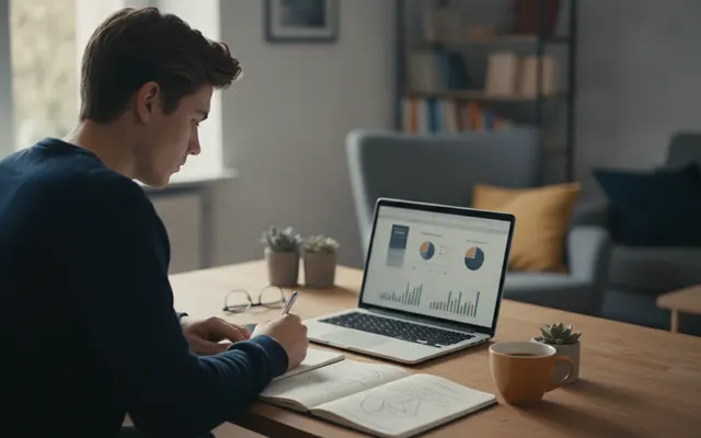 Person prüft eine Anlageübersicht am Laptop