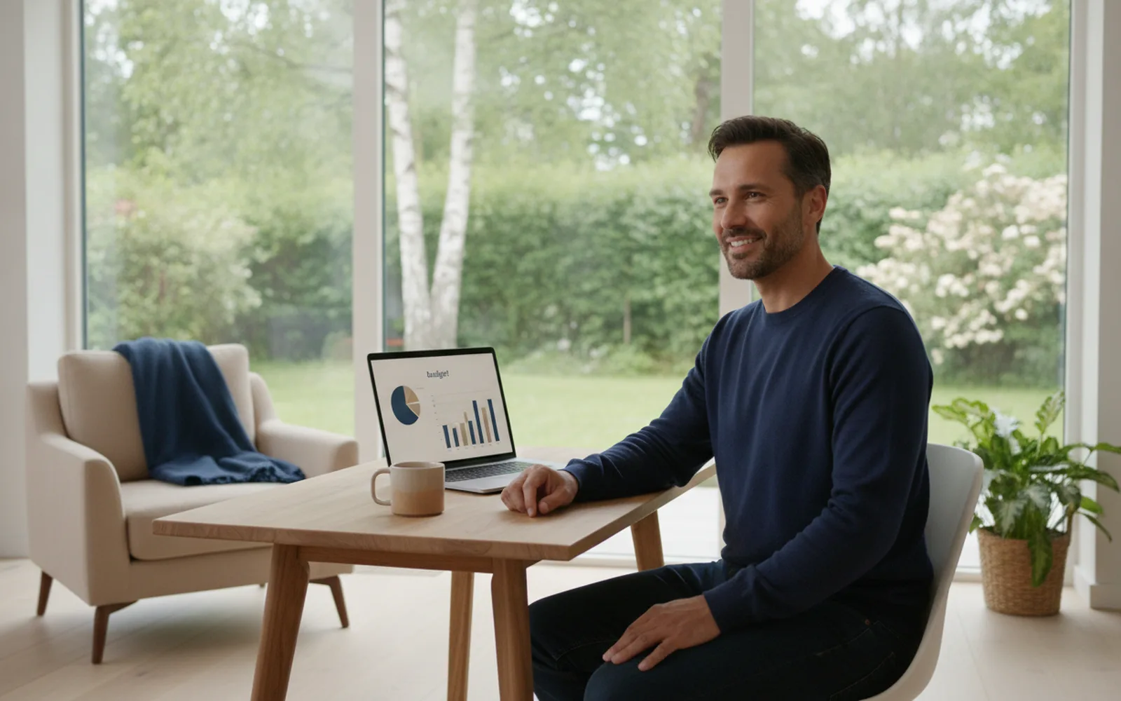 Mann prüft seine Finanzen am Laptop: Blick in den Raum