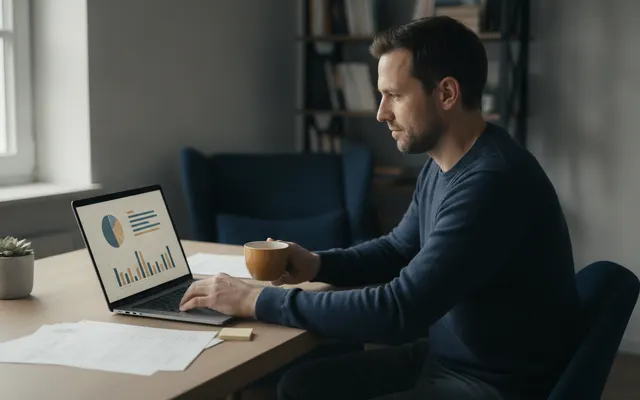 Mann prüft seine Finanzen am Laptop