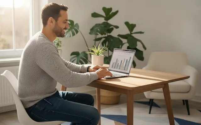 Mann prüft seine Finanzen am Laptop