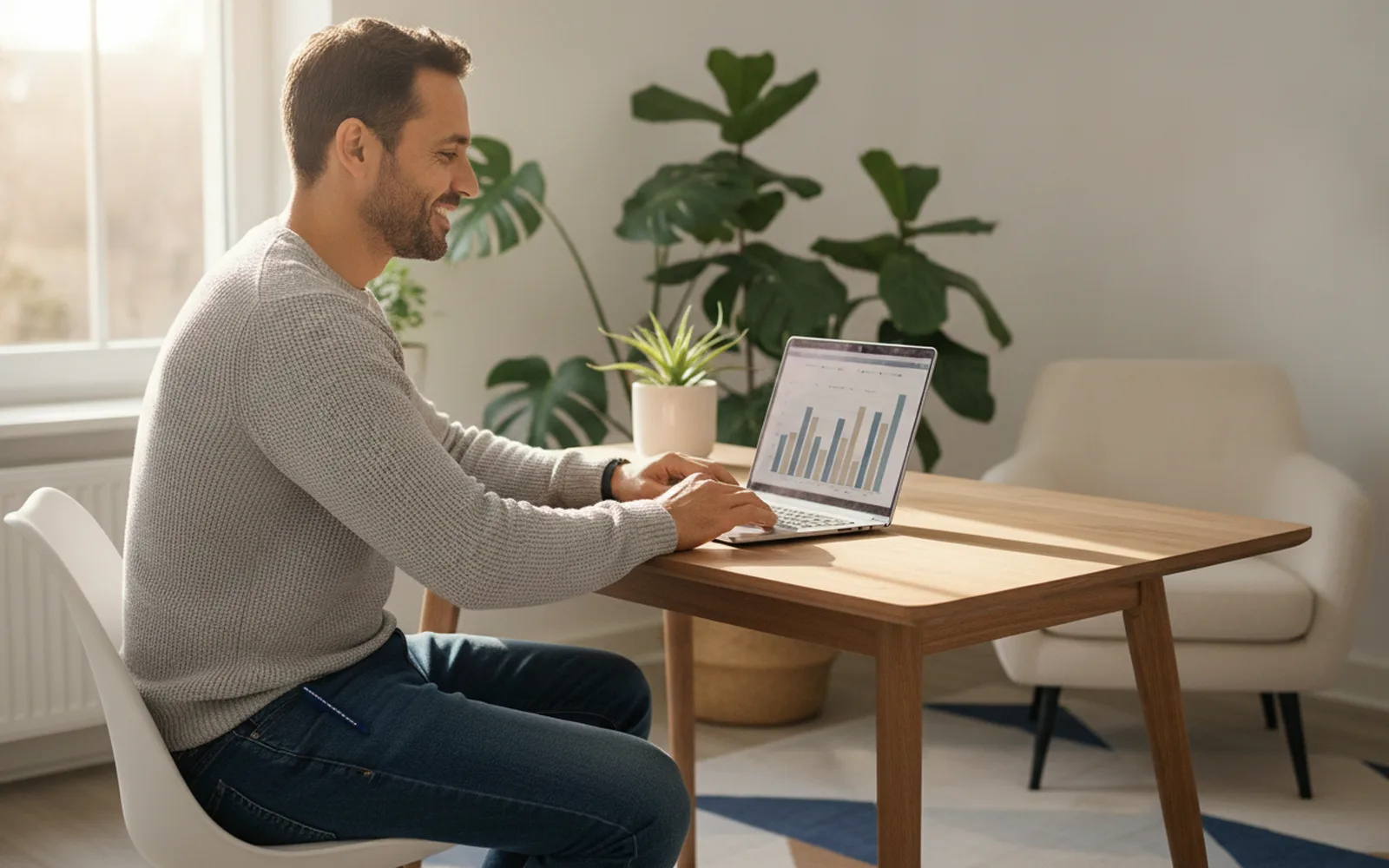 Mann prüft seine Finanzen am Laptop