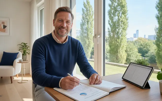 Mann plant seine Finanzen am Fenster