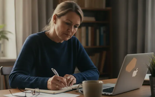 Frau notiert Zahlen neben dem Laptop