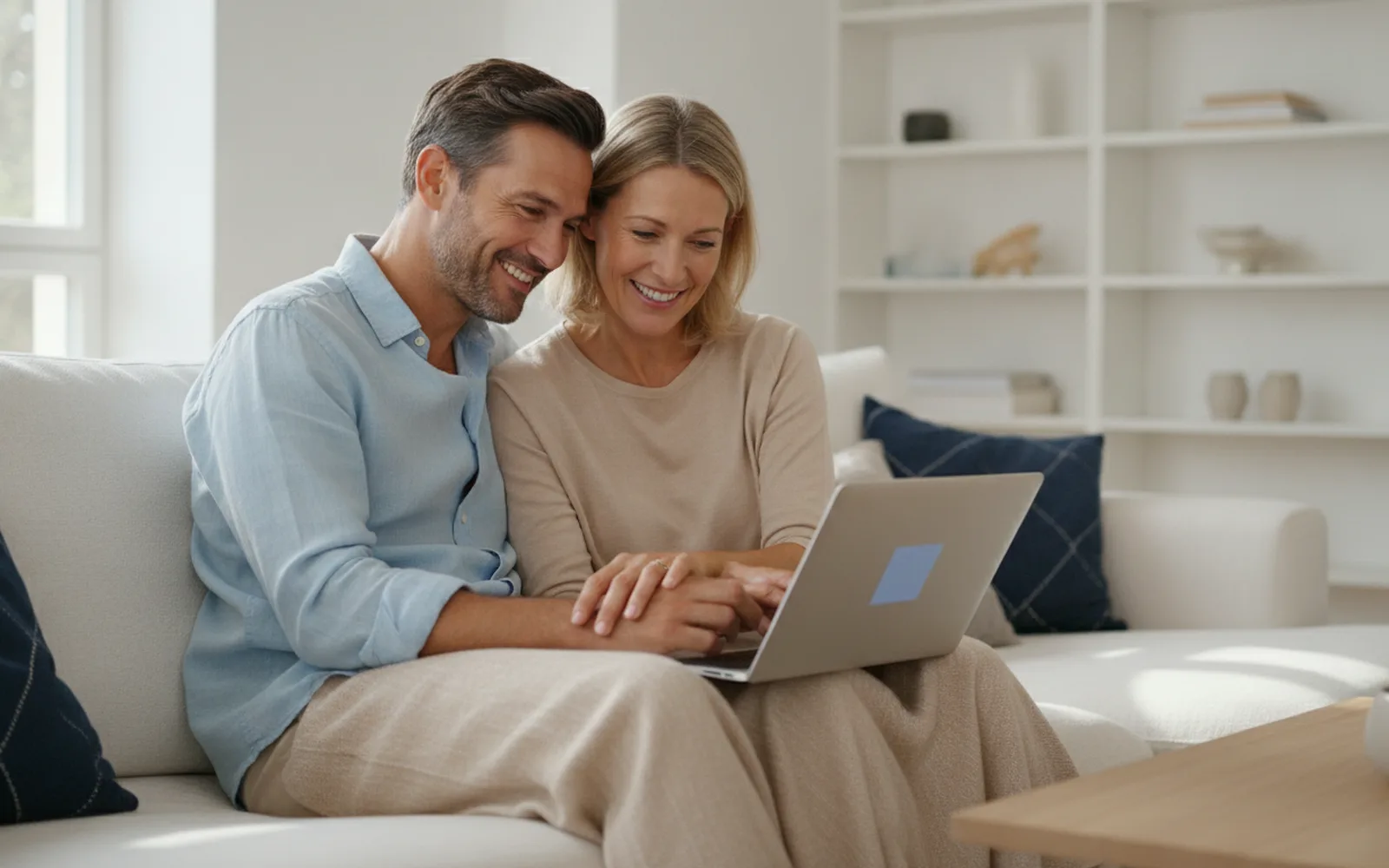 Paar schaut zufrieden auf den Laptop: Details