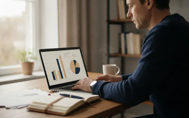 Person prüft eine Anlageübersicht am Laptop