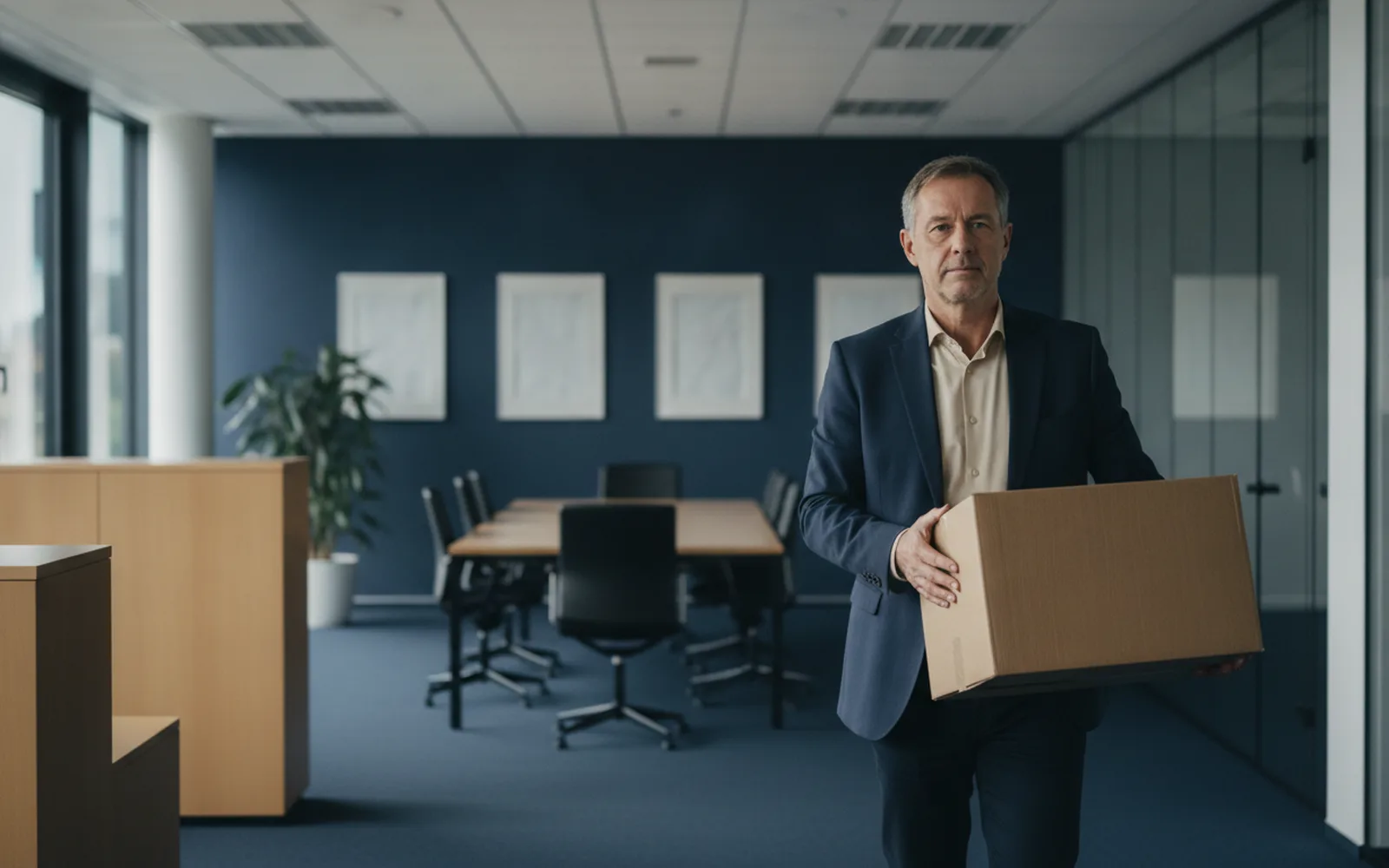 Mann verlässt mit einem Karton das Bürogebäude: Blick in den Raum