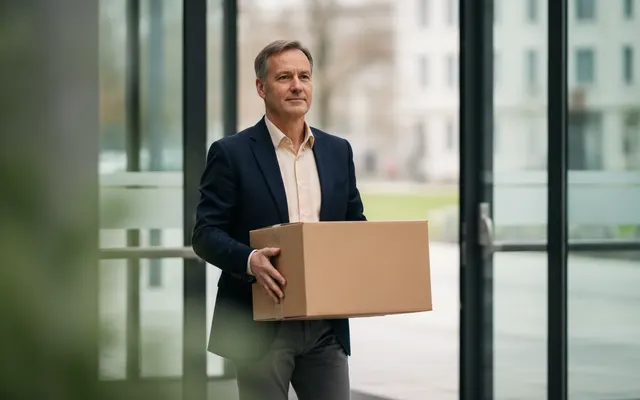 Mann verlässt mit einem Karton das Bürogebäude
