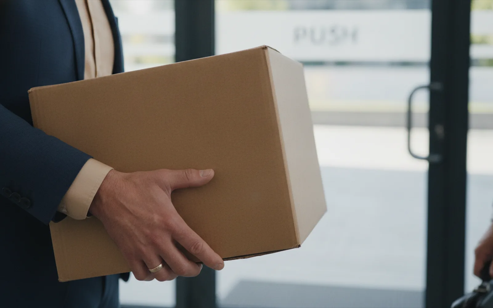 Mann verlässt mit einem Karton das Bürogebäude: Details