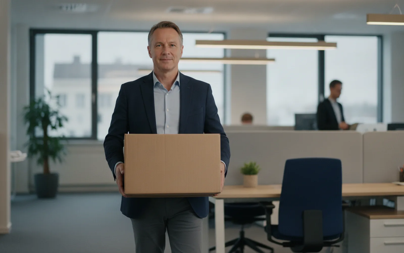 Mann verlässt mit einem Karton das Bürogebäude: Blick in den Raum