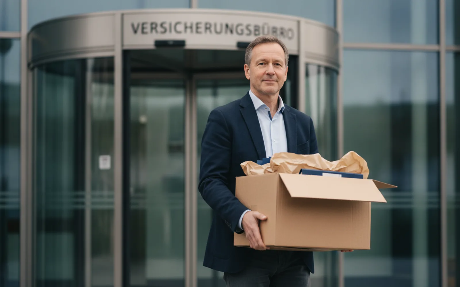 Mann verlässt mit einem Karton das Bürogebäude