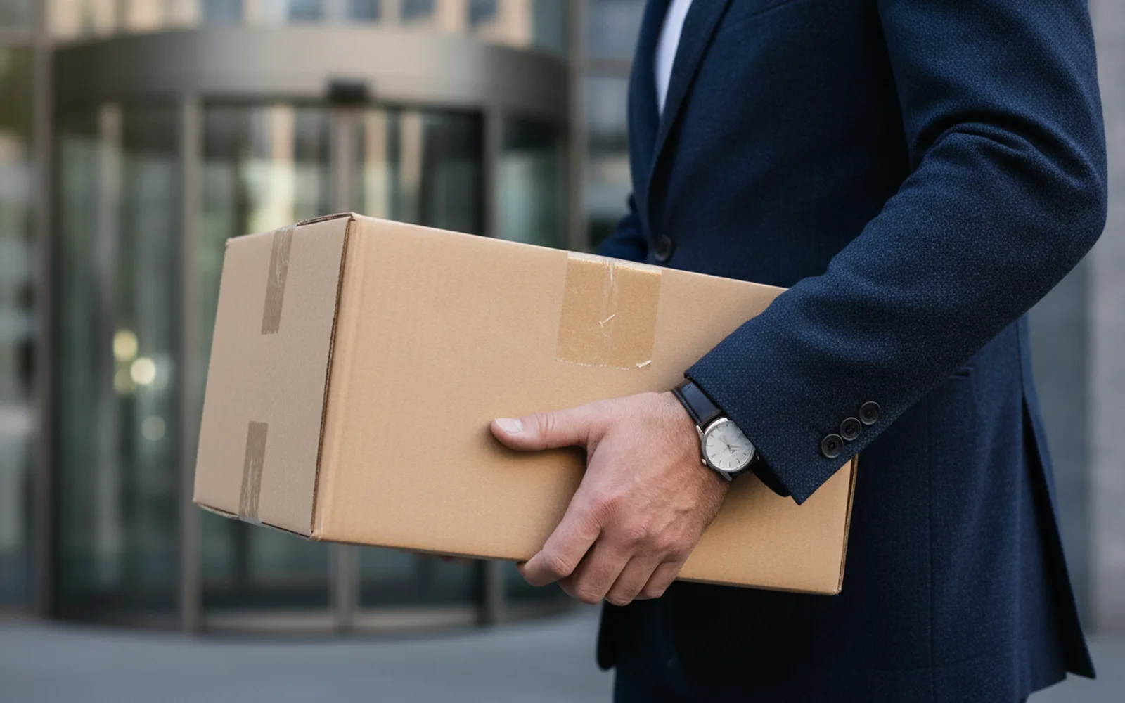 Mann verlässt mit einem Karton das Bürogebäude: Details