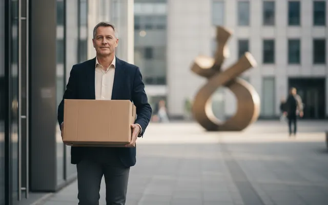 Mann verlässt mit einem Karton das Bürogebäude