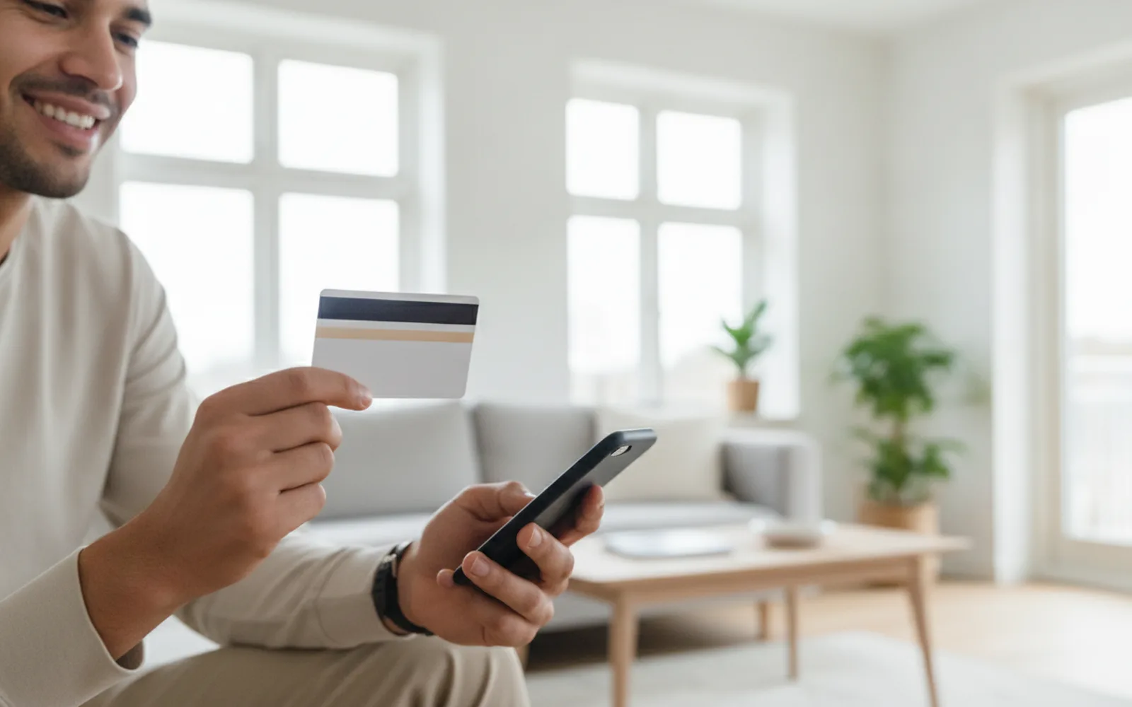 Hände mit Bankkarte und Smartphone