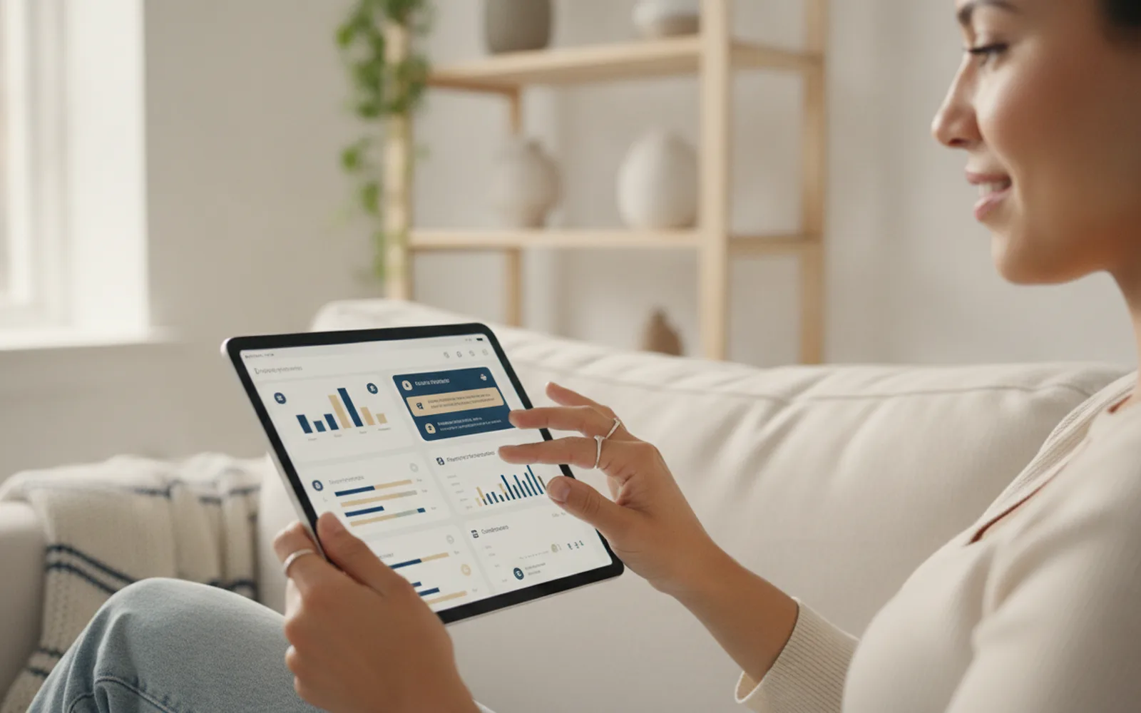 Frau prüft ihr Tagesgeldkonto auf dem Tablet: Details