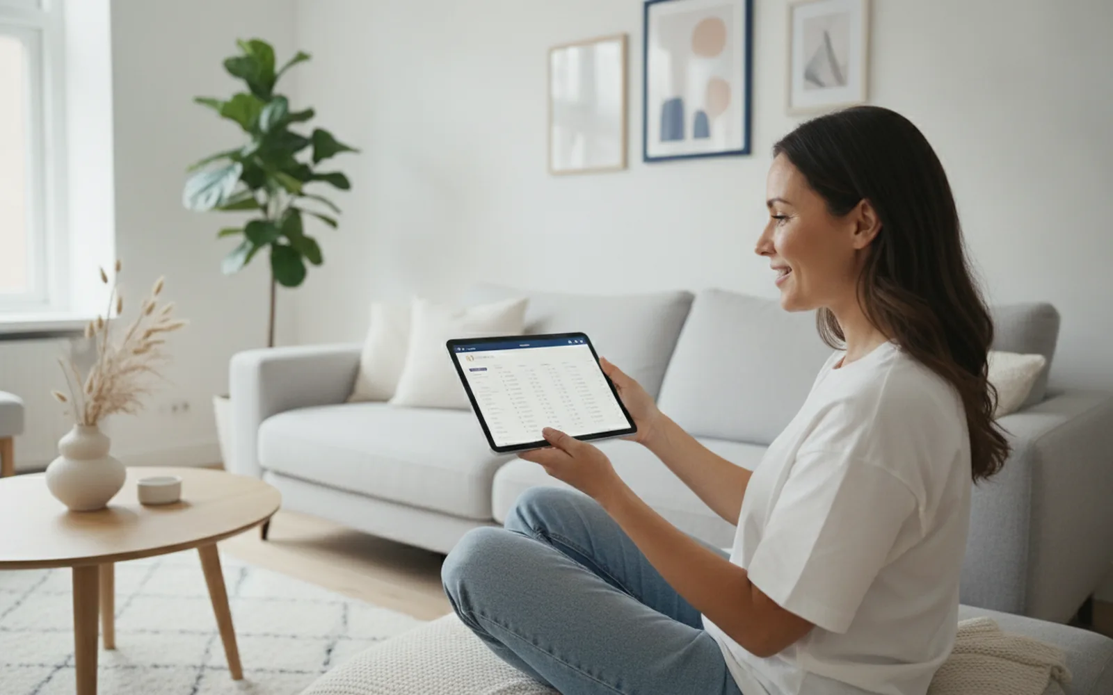 Frau prüft ihr Tagesgeldkonto auf dem Tablet: Blick in den Raum