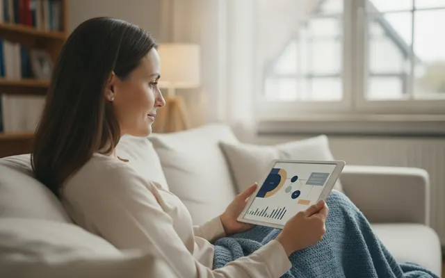 Frau prüft ihr Tagesgeldkonto auf dem Tablet
