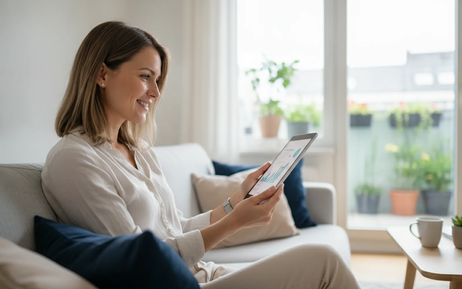 Frau prüft ihr Tagesgeldkonto auf dem Tablet