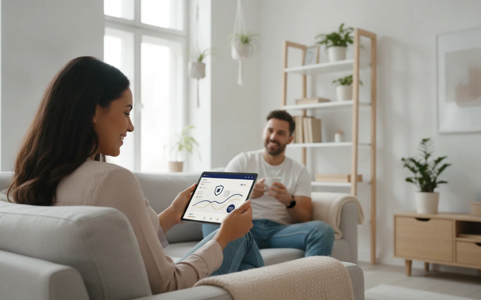 Frau prüft ihr Tagesgeldkonto auf dem Tablet: Blick in den Raum