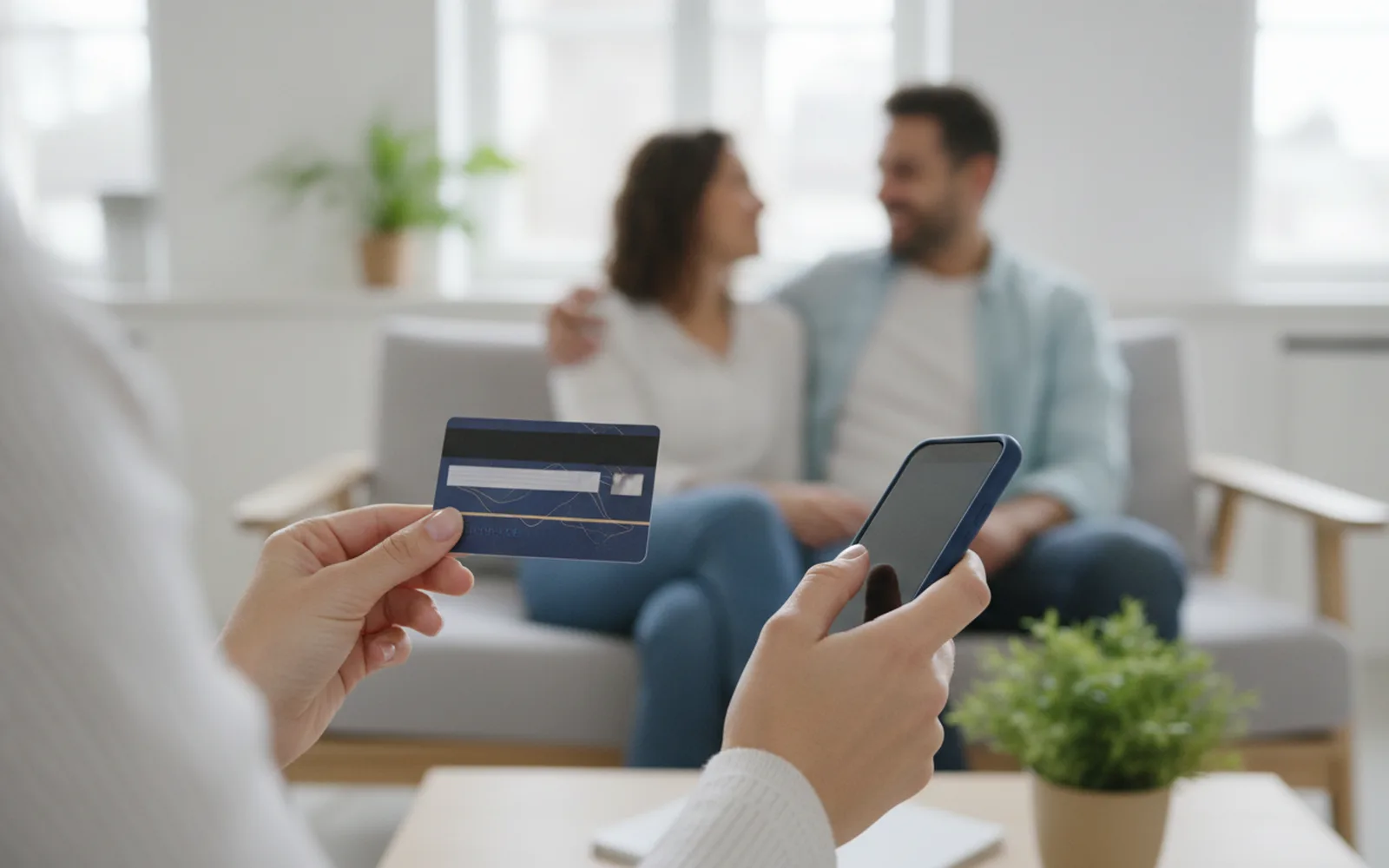 Hände mit Bankkarte und Smartphone