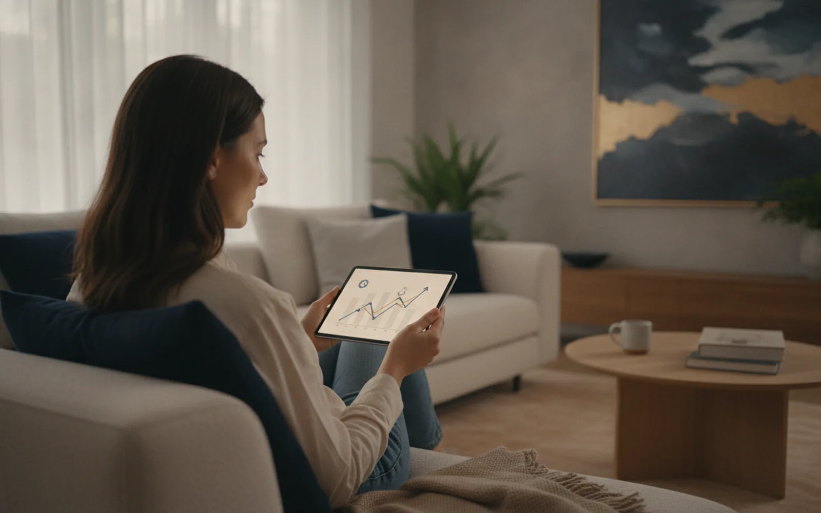 Frau prüft ihr Tagesgeldkonto auf dem Tablet: Blick in den Raum