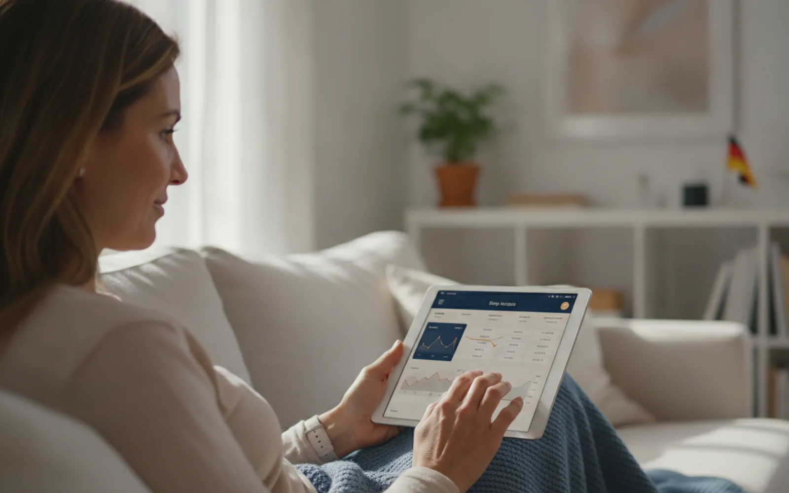 Frau prüft ihr Tagesgeldkonto auf dem Tablet