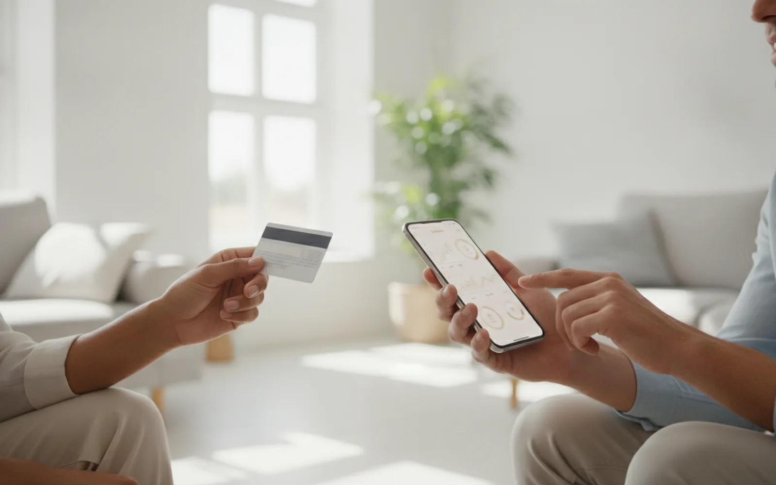 Hände mit Bankkarte und Smartphone