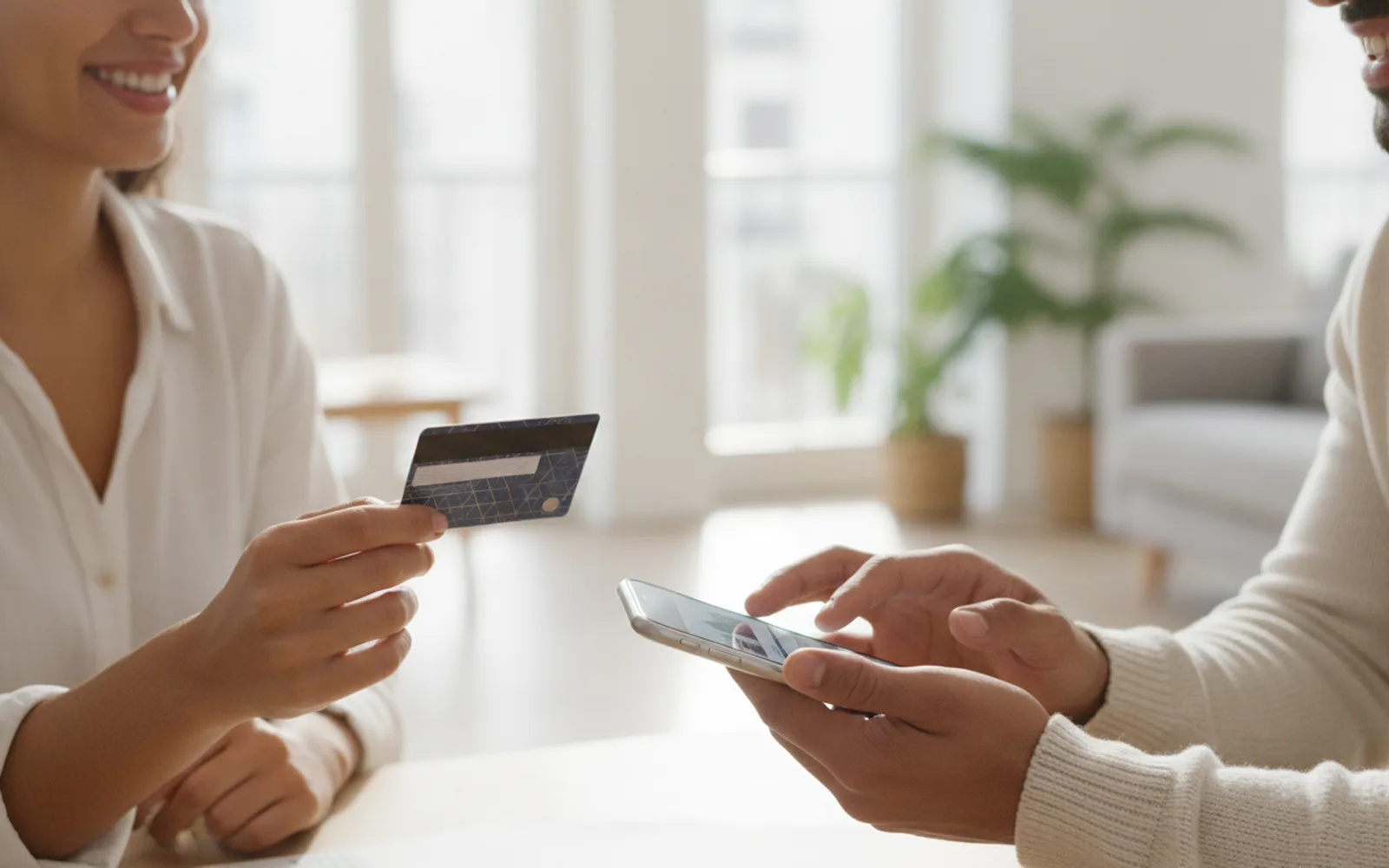 Hände mit Bankkarte und Smartphone