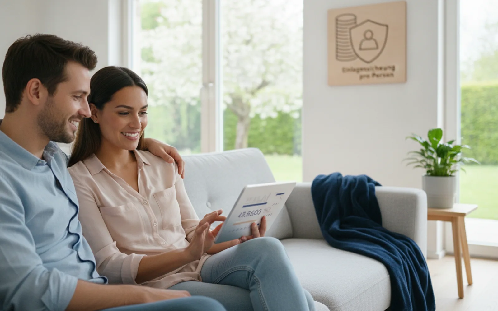 Frau prüft ihr Tagesgeldkonto auf dem Tablet: Blick in den Raum