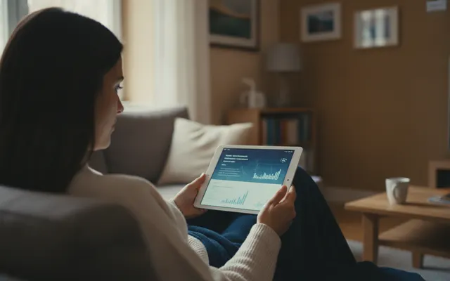 Frau prüft ihr Tagesgeldkonto auf dem Tablet