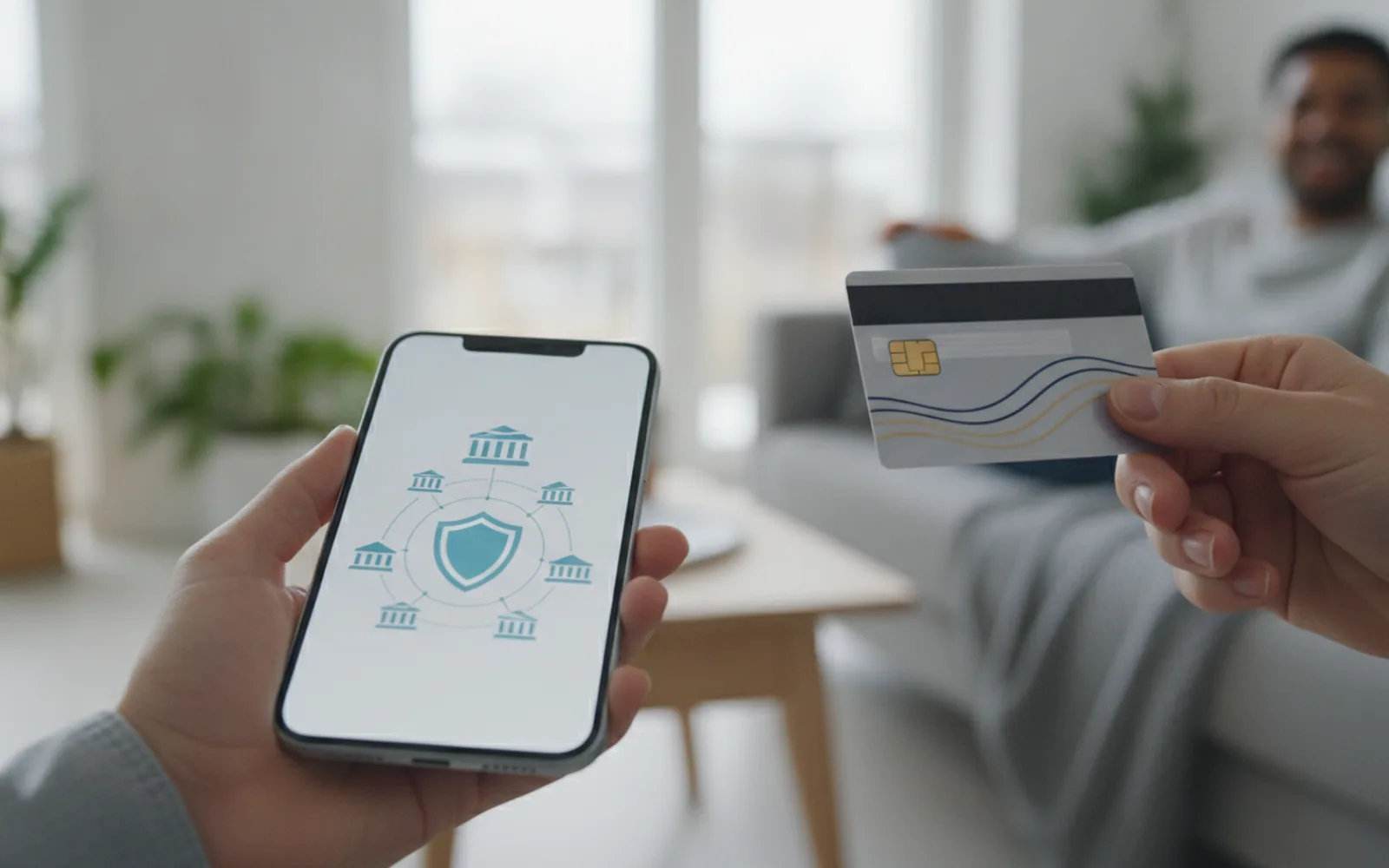 Hände mit Bankkarte und Smartphone