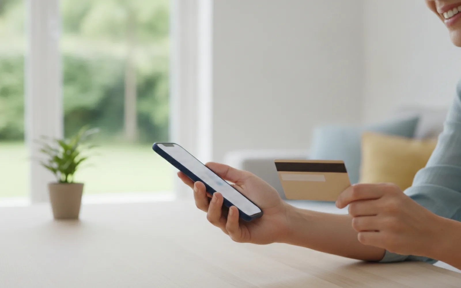 Hände mit Bankkarte und Smartphone