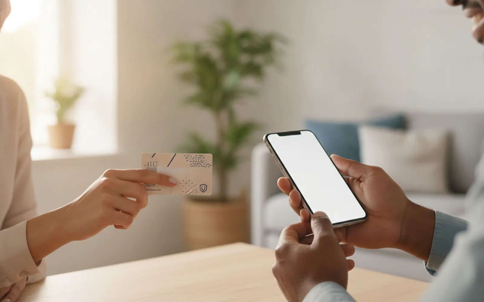 Hände mit Bankkarte und Smartphone