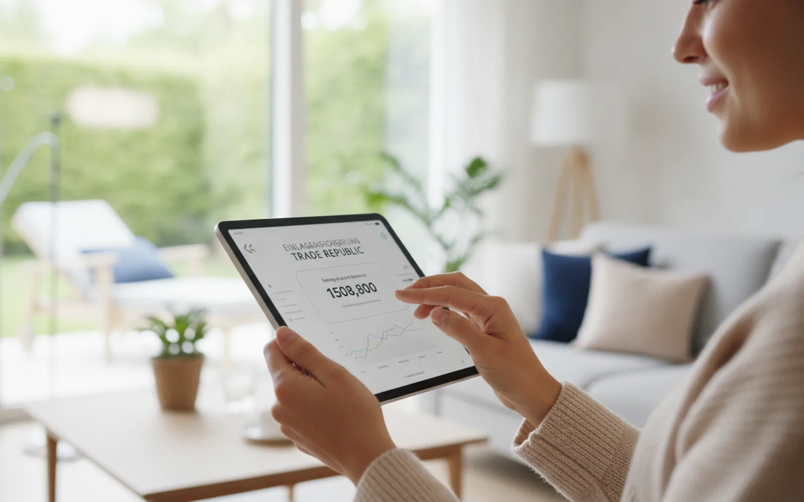 Frau prüft ihr Tagesgeldkonto auf dem Tablet: Details