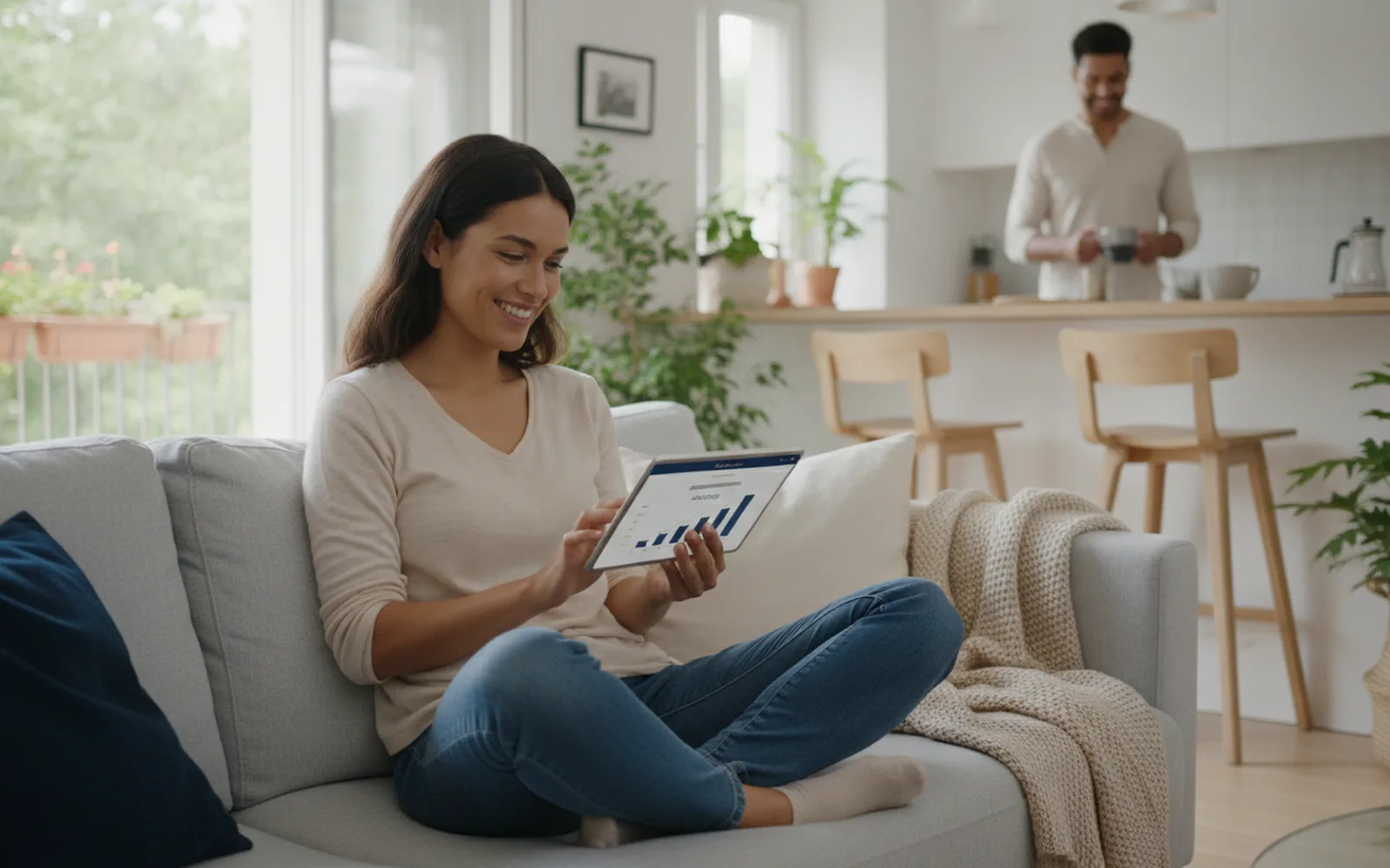 Frau prüft ihr Tagesgeldkonto auf dem Tablet: Blick in den Raum