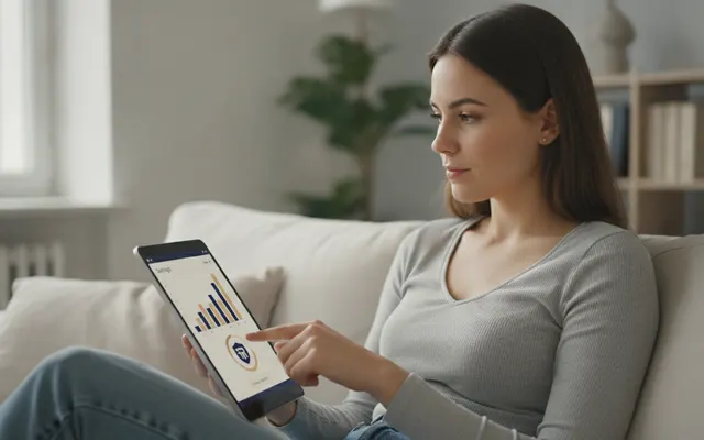 Frau prüft ihr Tagesgeldkonto auf dem Tablet