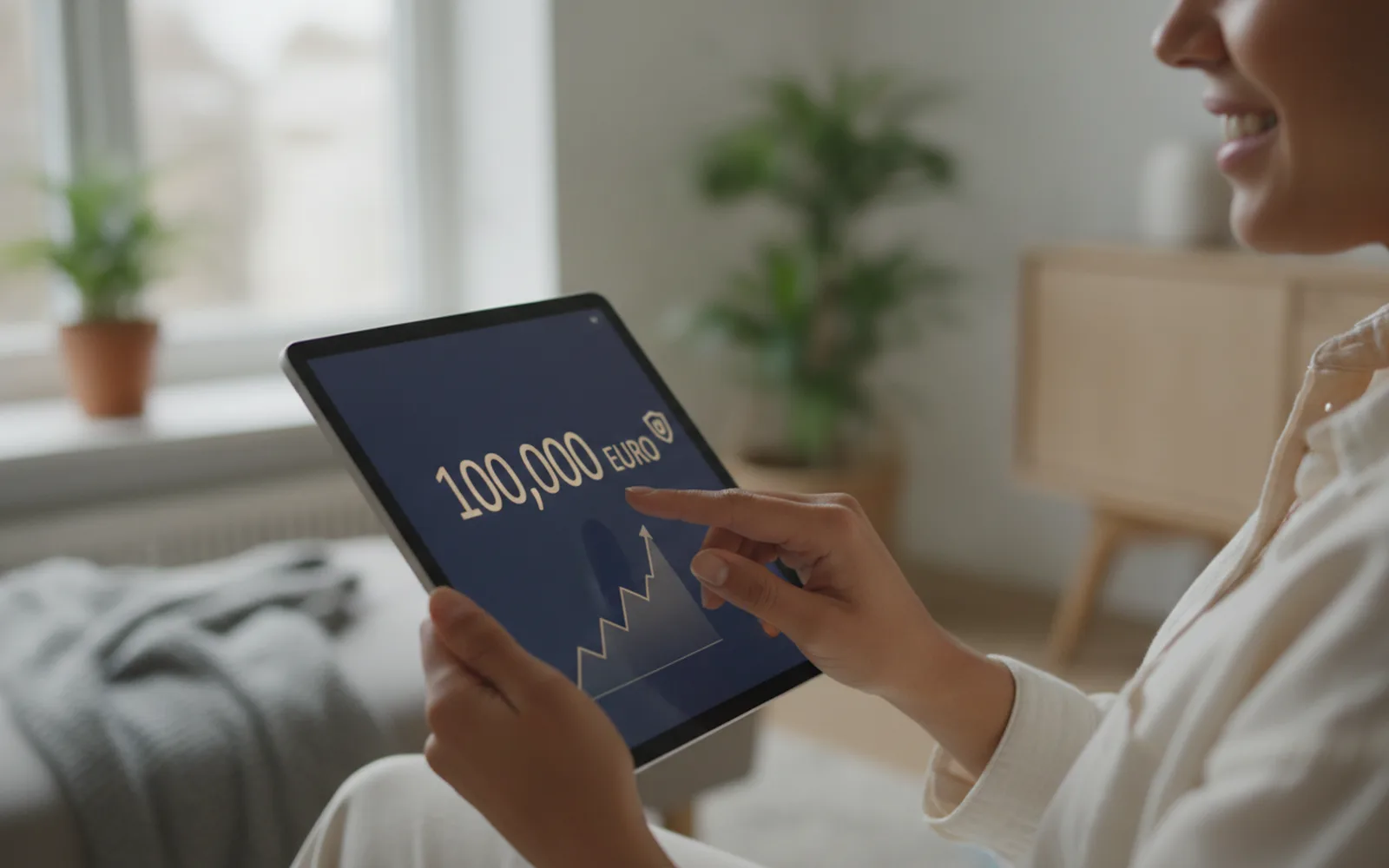Frau prüft ihr Tagesgeldkonto auf dem Tablet: Details