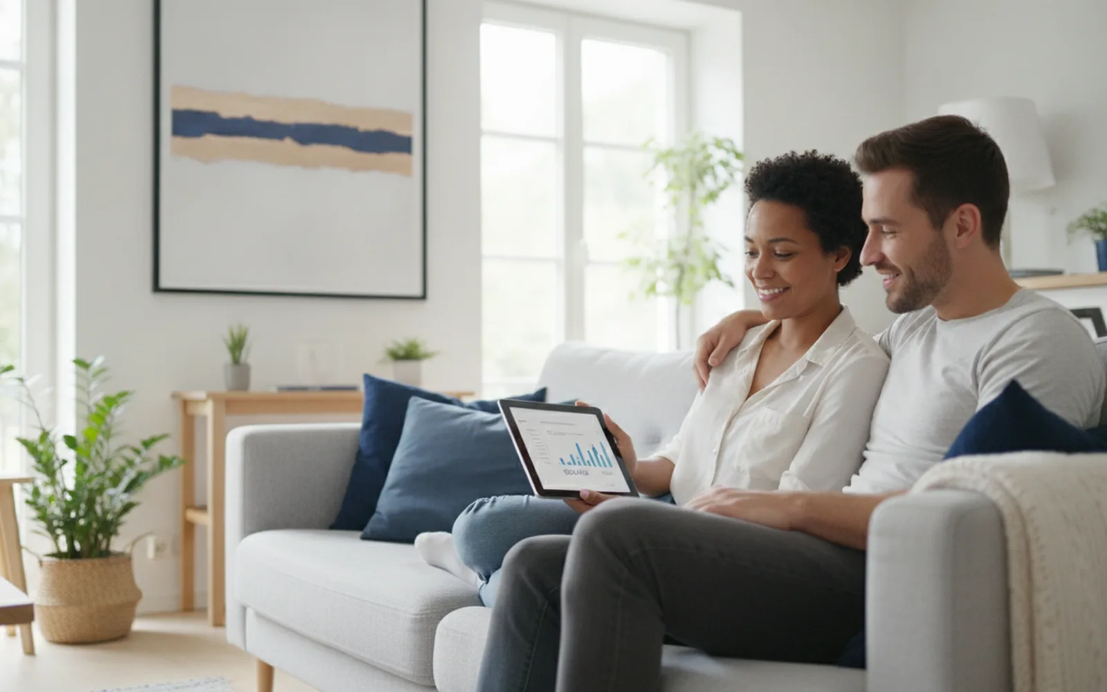 Frau prüft ihr Tagesgeldkonto auf dem Tablet: Blick in den Raum