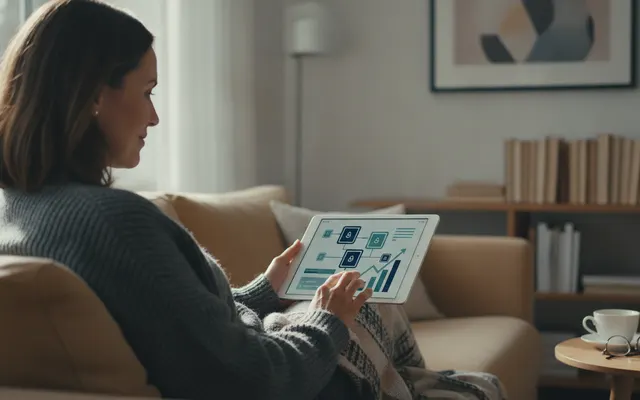 Frau prüft ihr Tagesgeldkonto auf dem Tablet