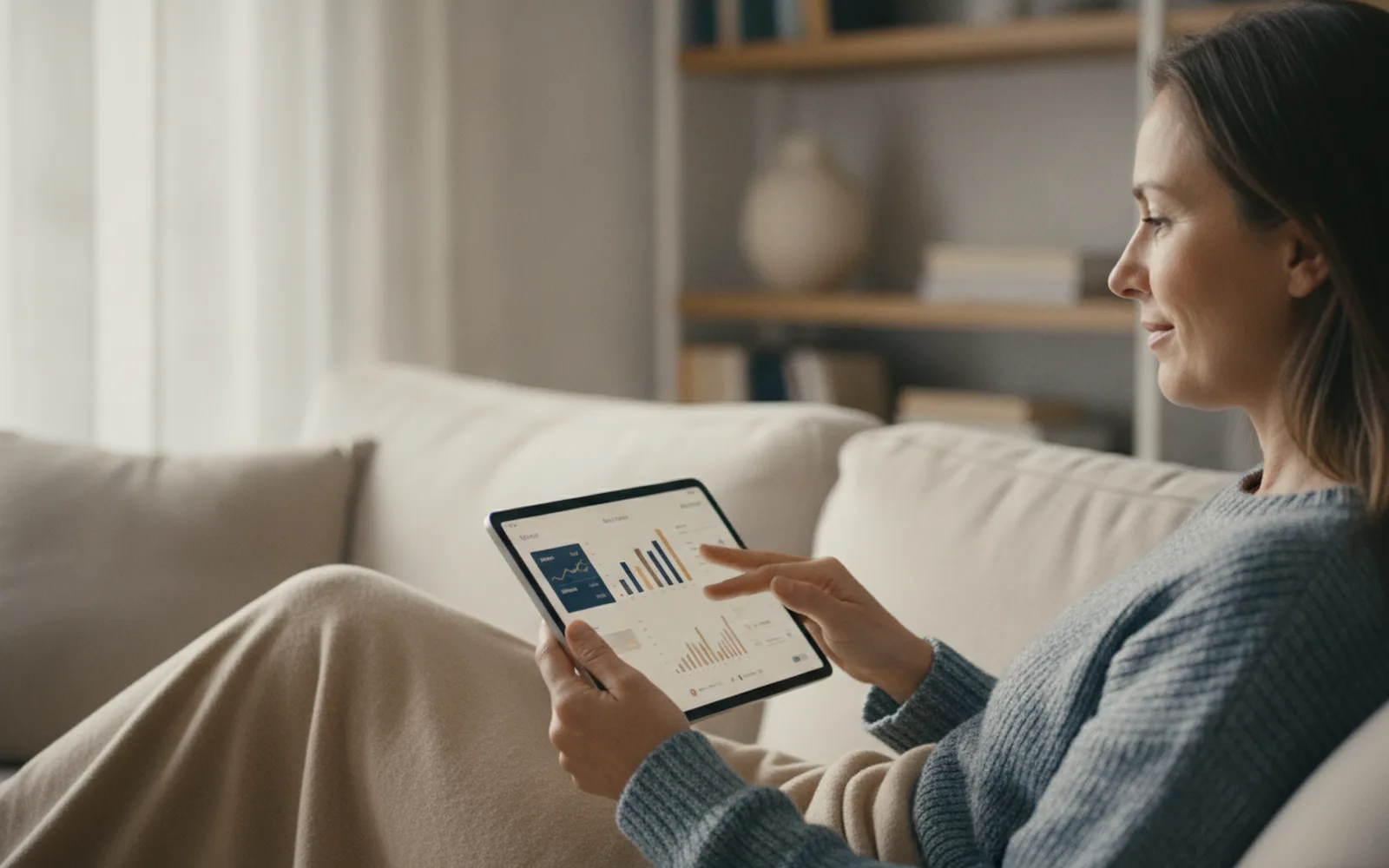 Frau prüft ihr Tagesgeldkonto auf dem Tablet