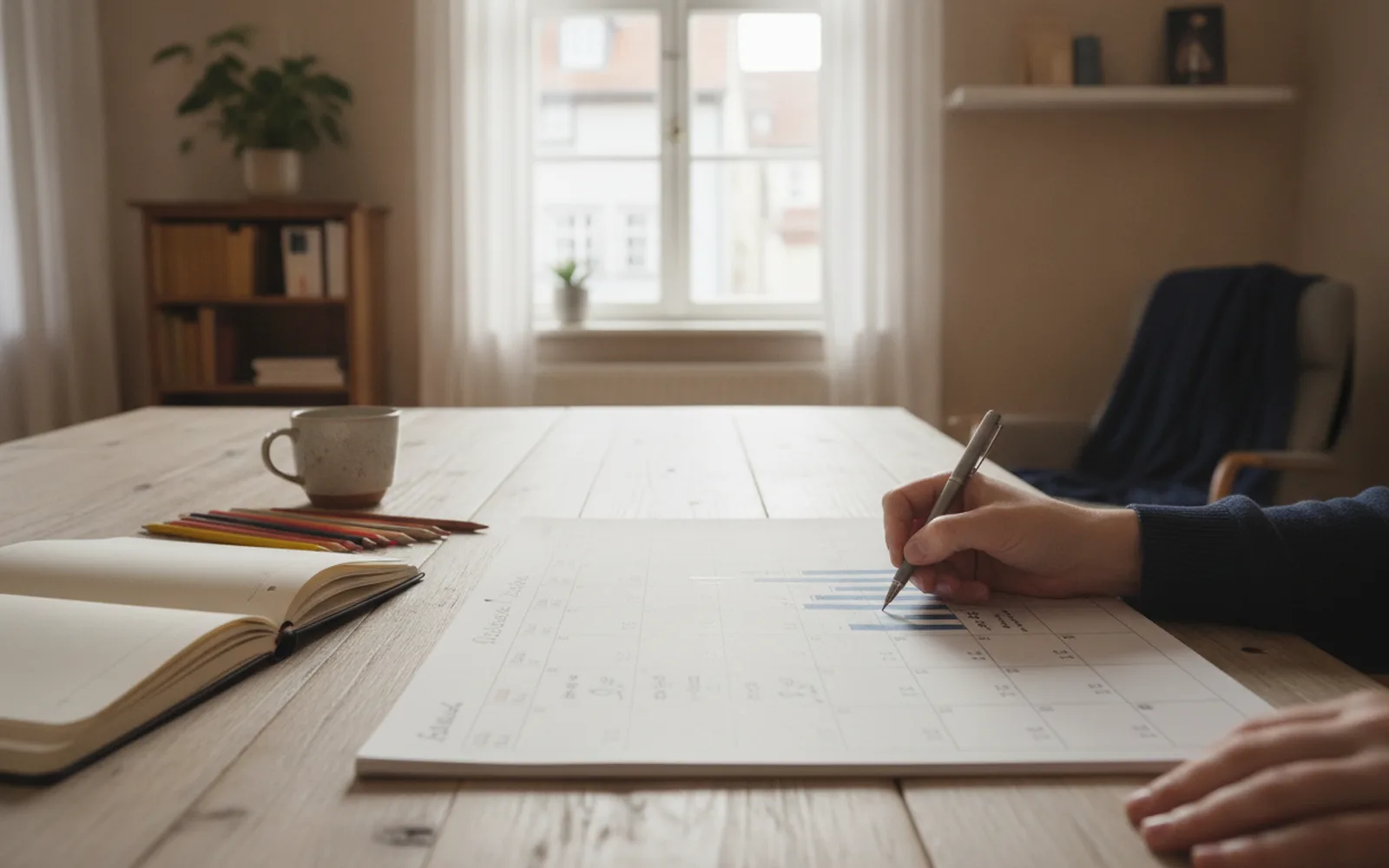 Hand plant monatliche Schritte im Kalender: Blick in den Raum