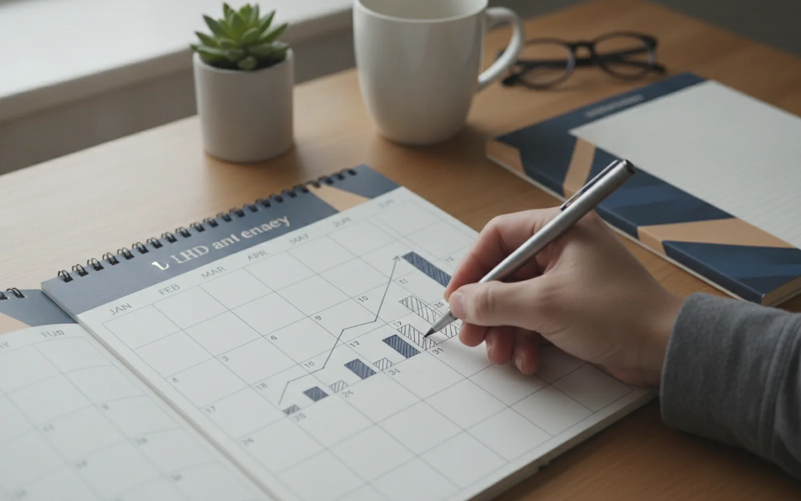 Hand plant monatliche Schritte im Kalender