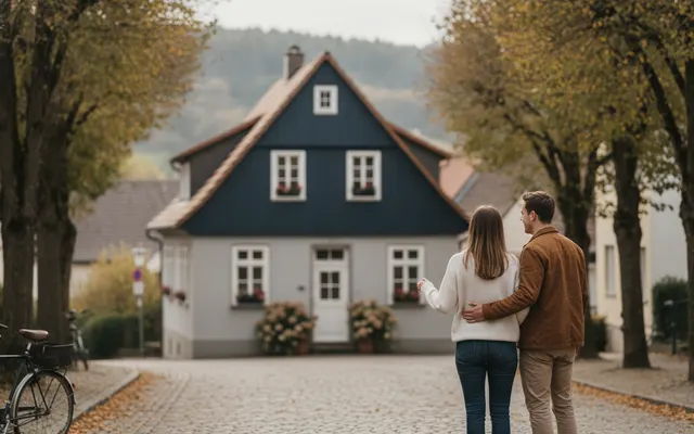 Junges Paar betrachtet ein Einfamilienhaus