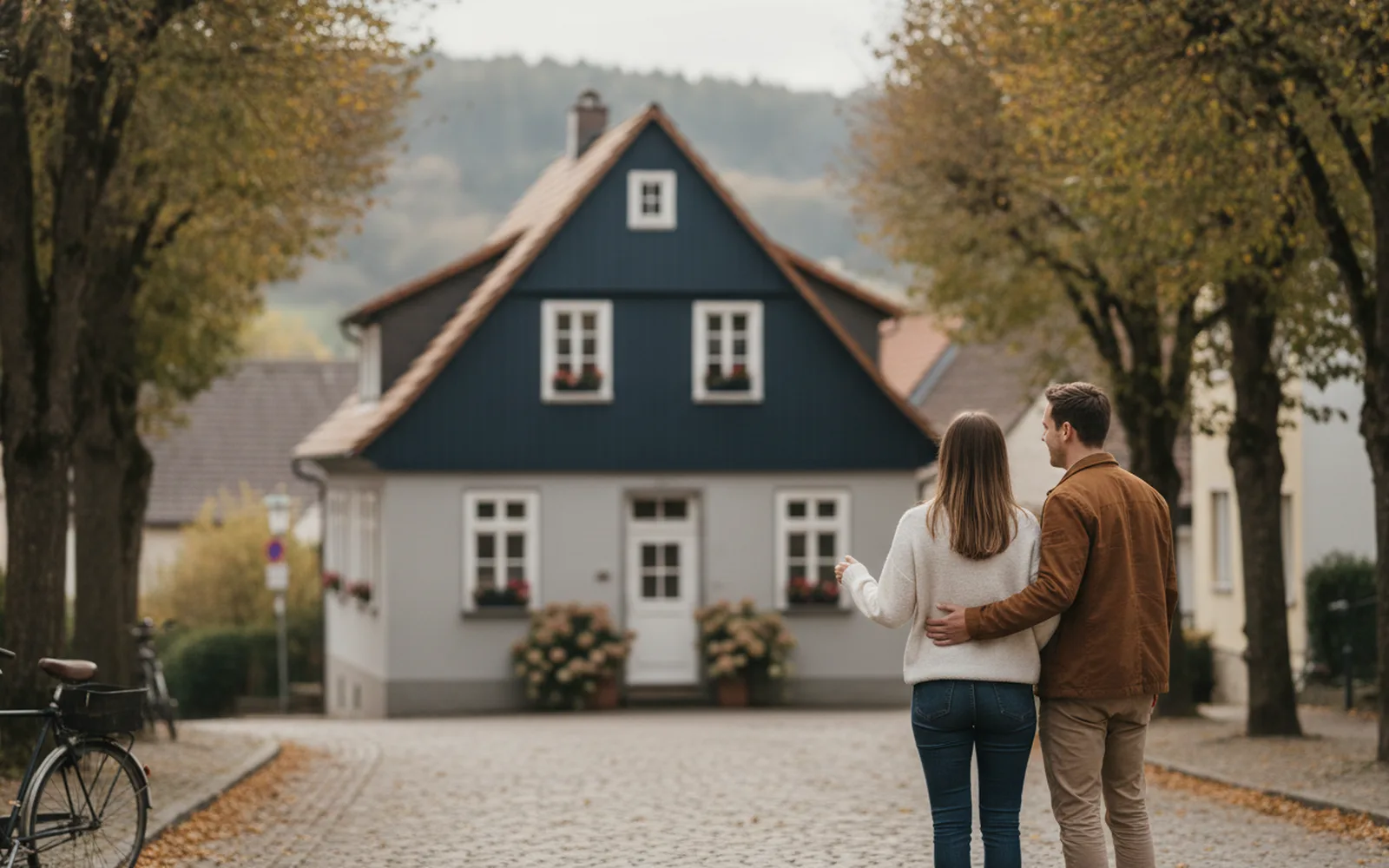 Junges Paar betrachtet ein Einfamilienhaus
