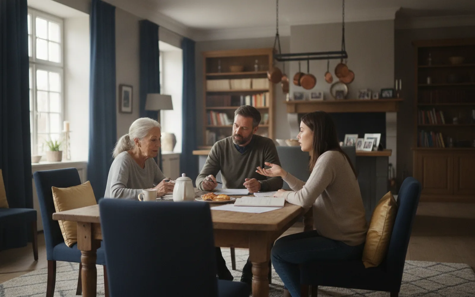 Familie im Gespräch am Küchentisch: Blick in den Raum