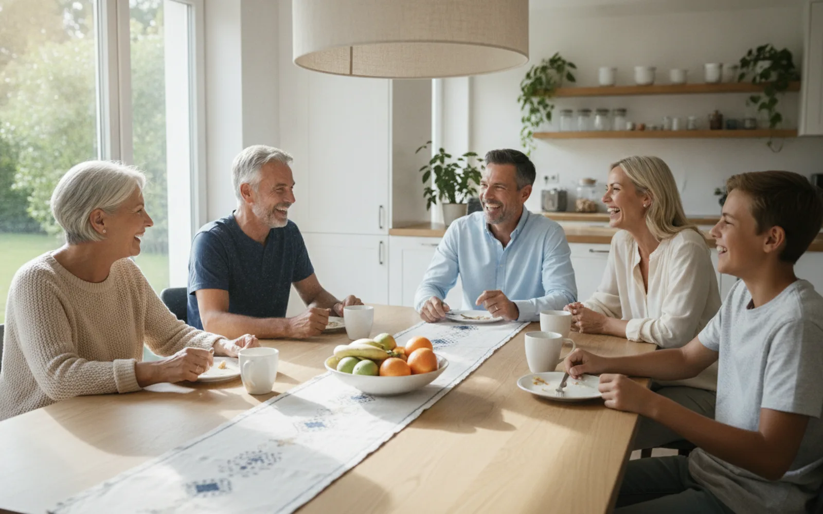 Familie im Gespräch am Küchentisch