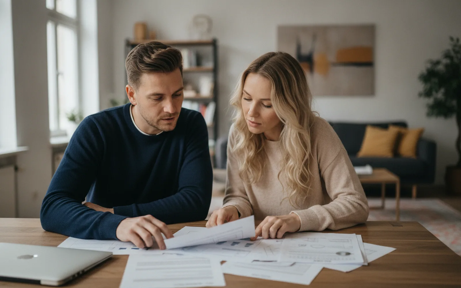 Paar prüft Unterlagen zum Immobilienkredit: Blick in den Raum