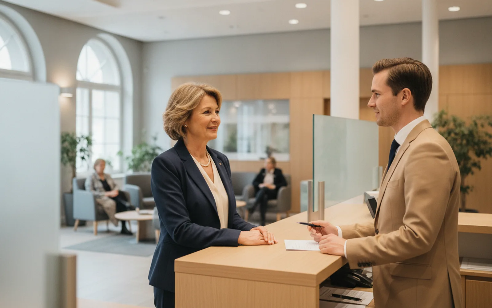 Frau im Gespräch in einer modernen Bankfiliale: Blick in den Raum