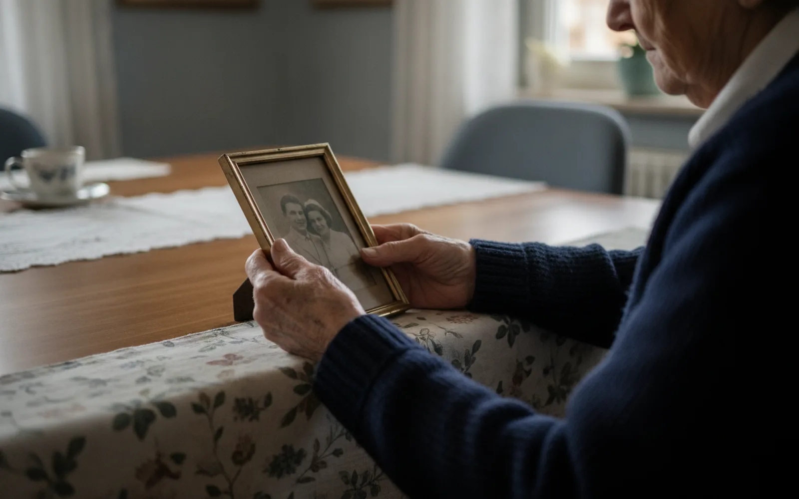 Frau betrachtet lächelnd ein Familienfoto: Details