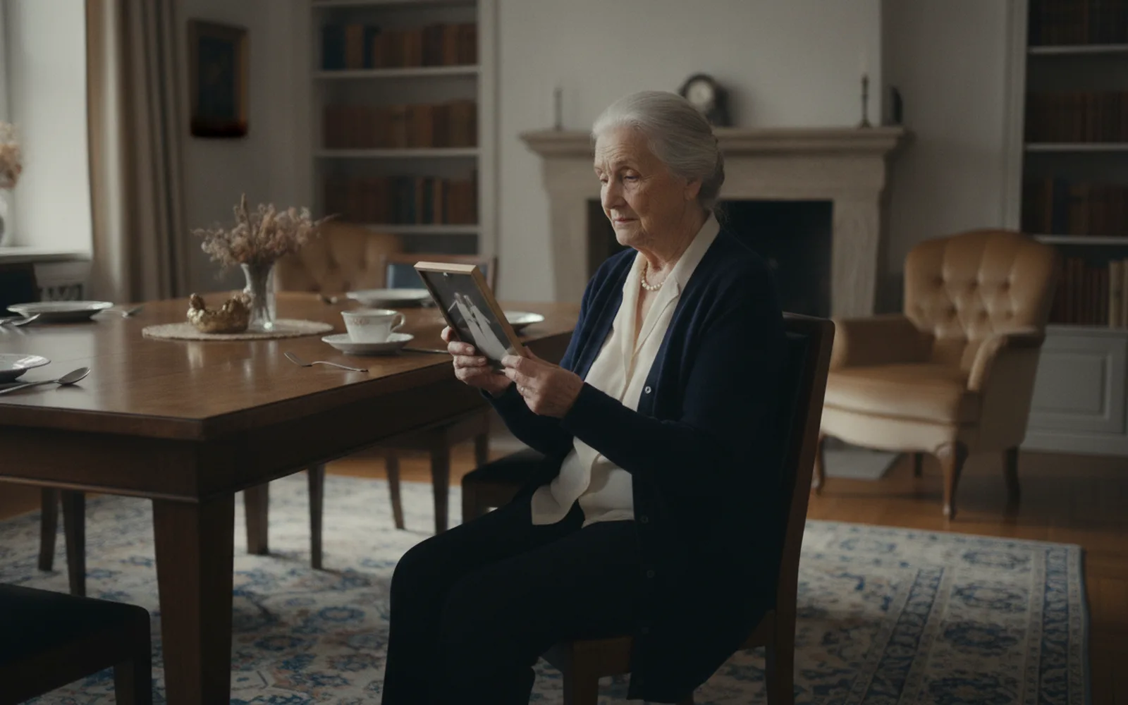 Frau betrachtet lächelnd ein Familienfoto: Blick in den Raum