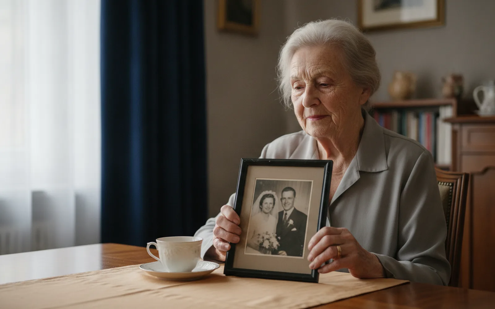 Frau betrachtet lächelnd ein Familienfoto